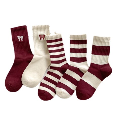 Red socks for women's middle socks burgundy casual versatile stockings in spring and autumn