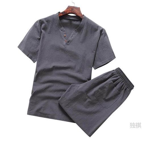 Short-sleeved suit, men's linen t-shirt, summer fat man's loose large size, casual sports, one suit, linen and linen shorts
