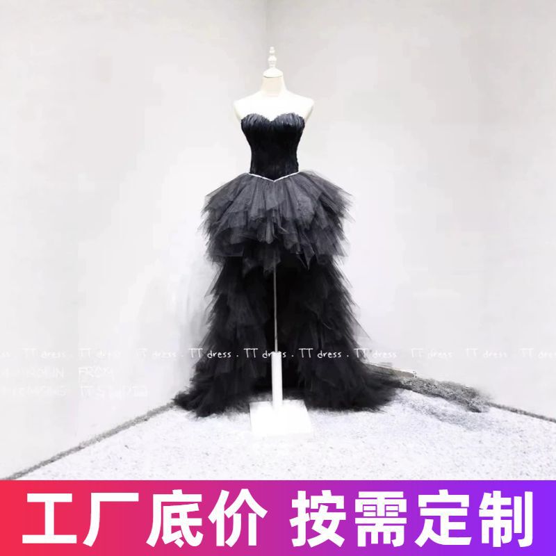 Bride's travel photo shoot dress, front short and back long, black feather gown, cocktail party outfit, birthday and homecoming season dress