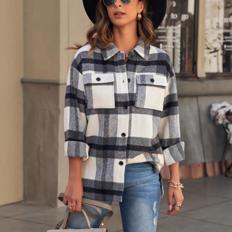 Foreign Trade Cross-Border Women's Gray and Black Chaoyang Plaid Flannel Jacket Women's European Size Lapel Loose Plaid Top Ready for Sale