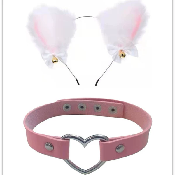 White pink cat ear+pink love neck circle