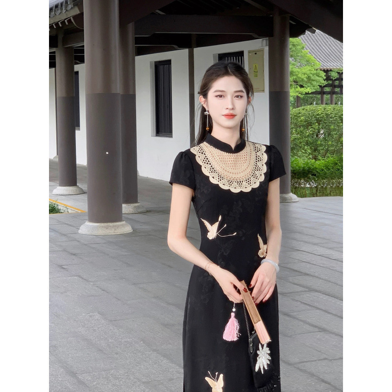 女性の 2025 新しい夏のハイエンドの新しい中国風のレトロな改良されたチャイナドレスサテン蝶ドレス|undefined