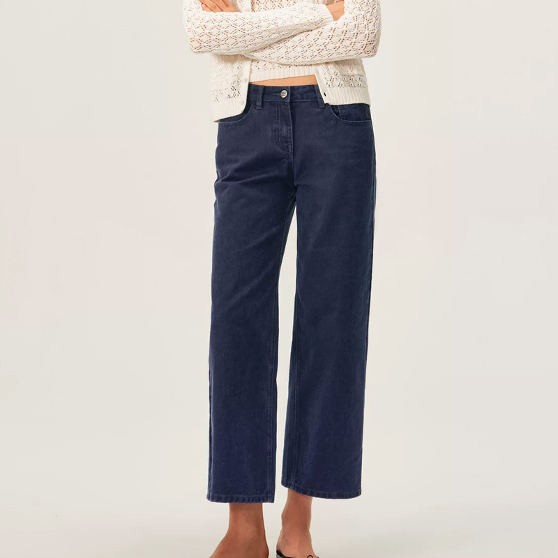 Distressed work blue, bamboo texture cropped jeans, all-cotton low-rise straight work pants, versatile vintage denim Distressed work blue, bamboo texture cropped jeans, all-cotton low-rise straight work pants, versatile vintage denim
