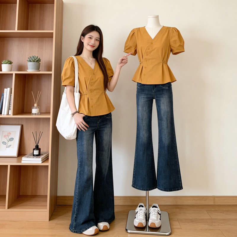 Áo sơ mi nữ cổ V tay ngắn phong cách Hàn Quốc, thiết kế eo ôm nhẹ — xanh lam chi tiết 4
