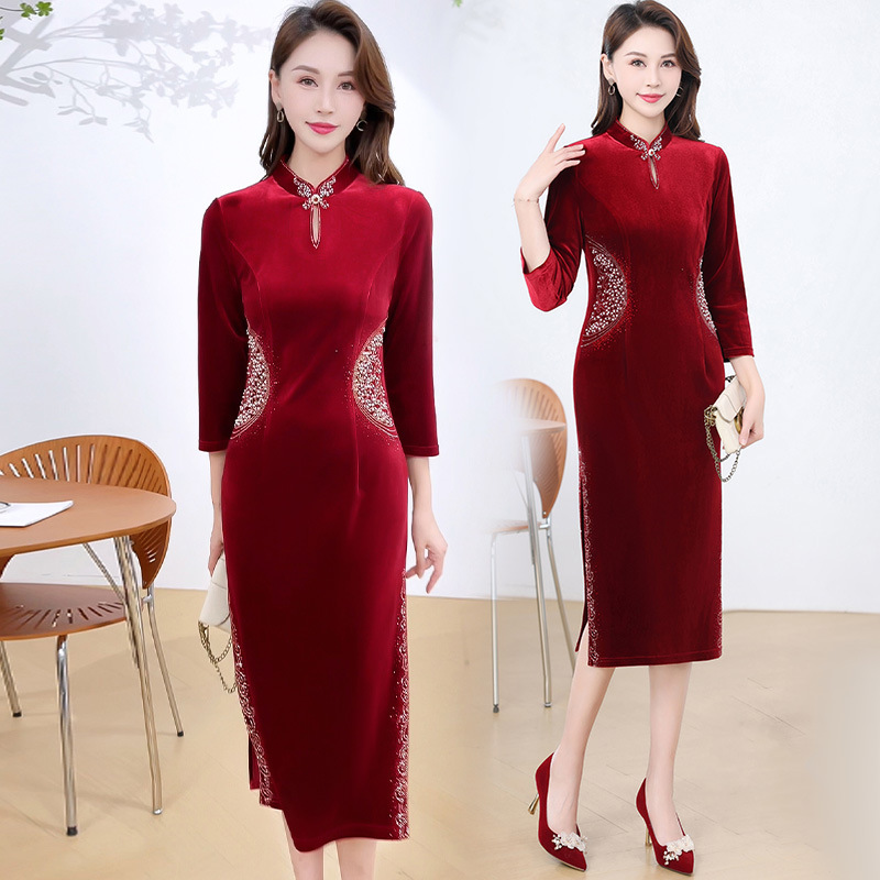 Mother's Fashion Long Sleeve dress Mid-length 2024 Autumn Women's Wedding Dress Mother-in-law Toast Dress