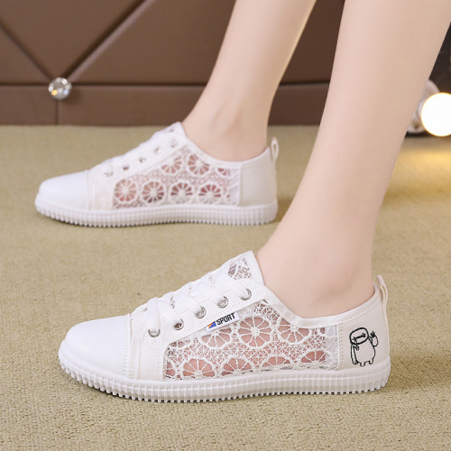 Lace-embroidered summer mesh surface shoes for women 2025 white women's breathable flat cloth shoes white shoes A05