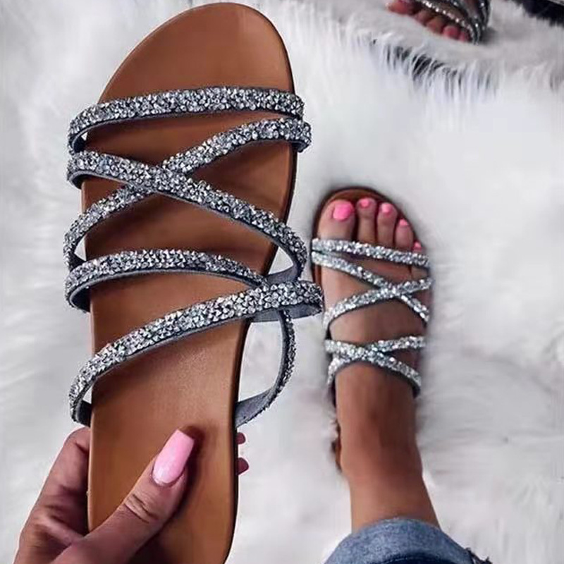 Summer Women's European American Style, Open-toed, Round-toed, Flat-soled, Rhinestone Sandals, Large Size, Breathable_vogvips.com