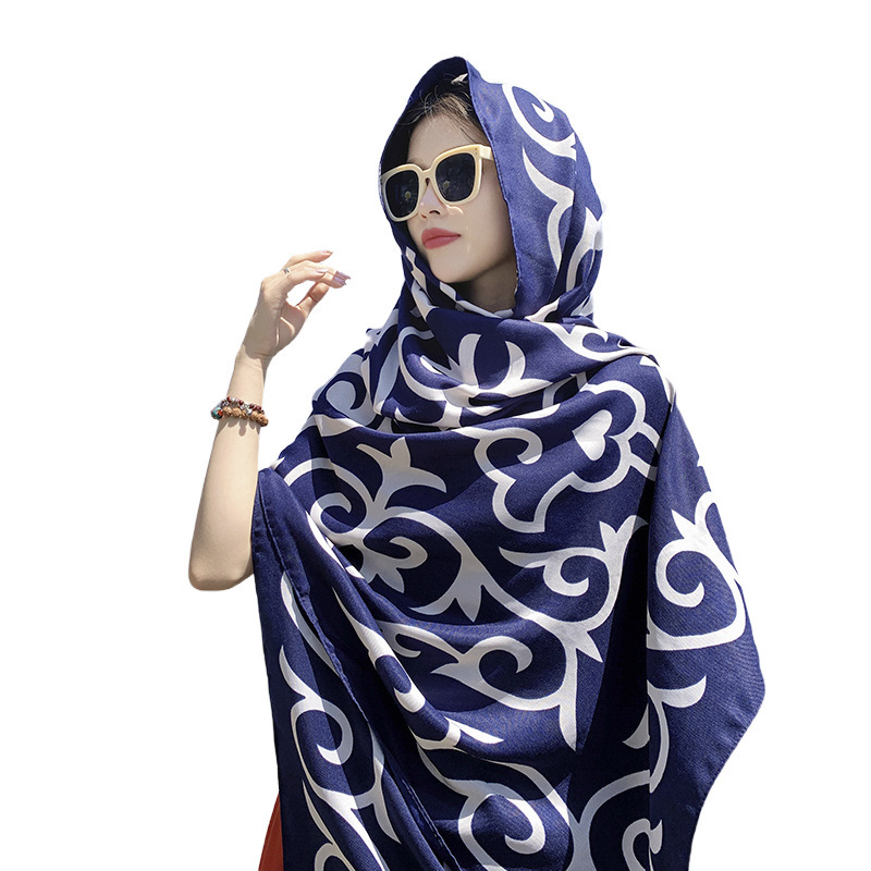 Estilo étnico primavera y verano fino algodón y lino sienten gran bufanda exterior desgaste decorativo chal azul oscuro retro protector solar Toalla de playa