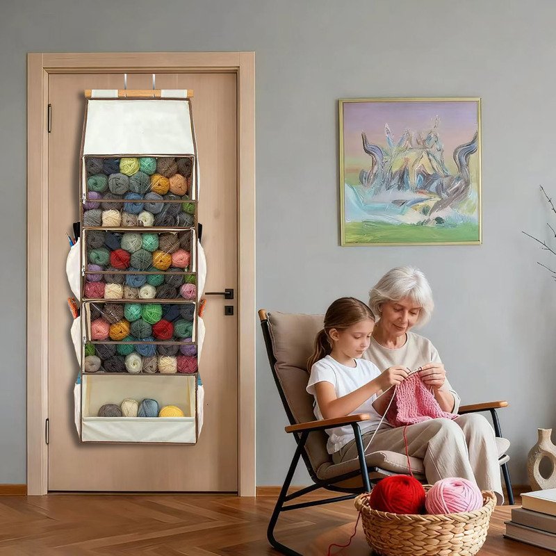 Fabric Zipper-Sealed Wall-Mounted Storage Hanging Bag Behind the Door, Yarn Stick Needle Wool 4-Layer Sundries Organization and Storage Hanging Bag