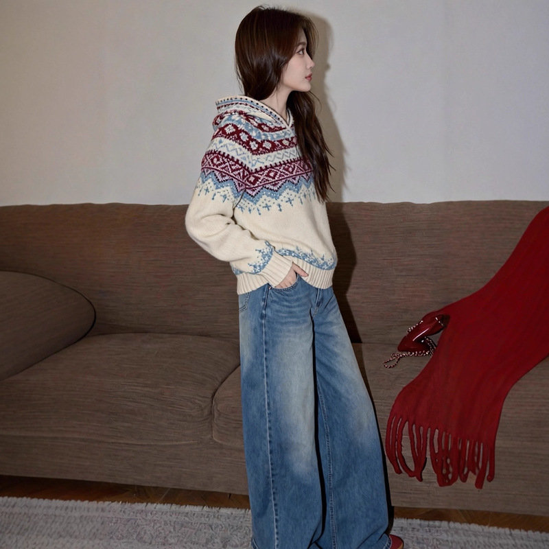 Korean Retro Hooded Jacquard Knit Hoodie for Women, New Autumn and Winter Fair Isle Style Color-Blocking Age-Reducing Sweater Top for Women