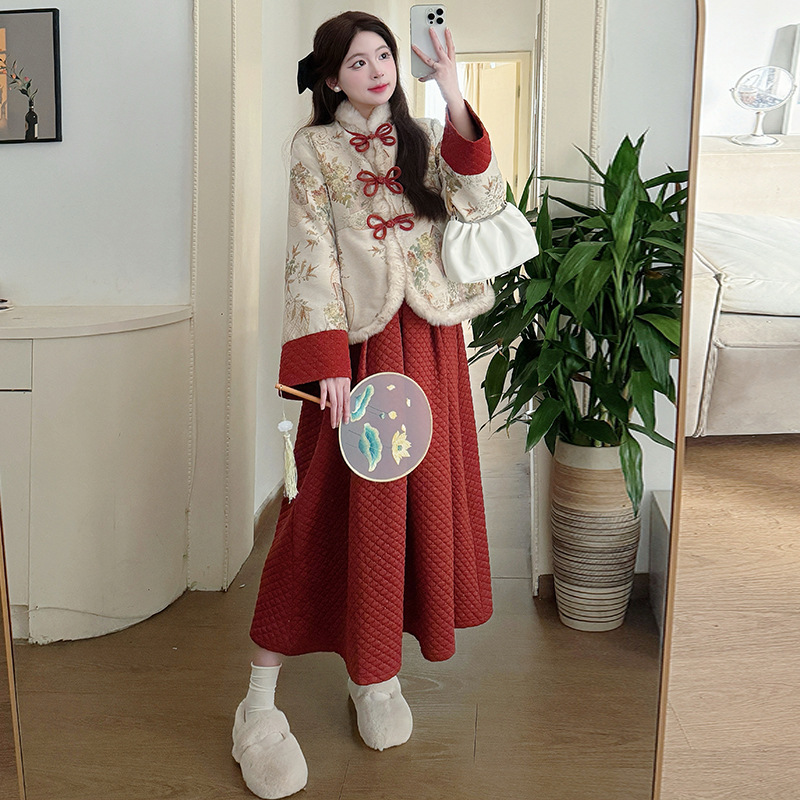 임산부복 가을 겨울 신상품 신상품 국내 스타일 개량 벨벳 두꺼워진 레트로 상의 임산부 퍼피 스커트 스위트 슈트