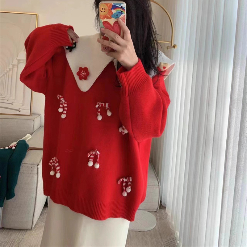 新年圣诞红色针织外套毛衣女2024新款甜美减龄娃娃领针织套头上衣