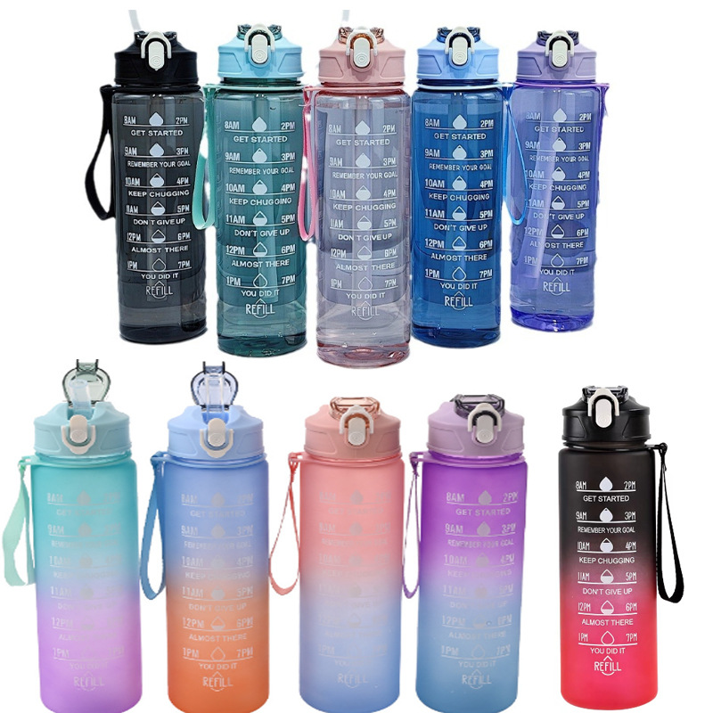 Gran capacidad portátil esmerilado escala taza de plástico personalidad 3 sets paja deportes al aire libre fitness potable hervidor