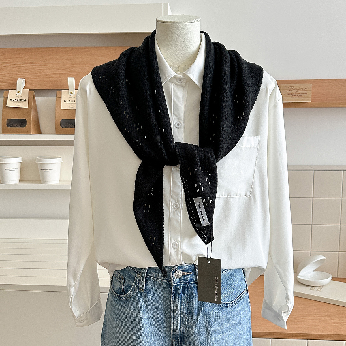 韩版小众纯色三角形披肩女春夏洋气护颈系脖子针织小围巾含羊毛