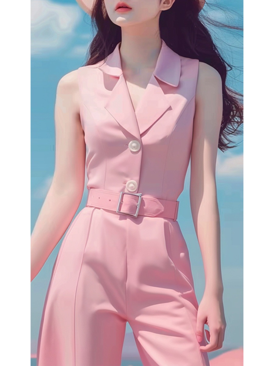 Bộ jumpsuit nữ dài tay màu hồng phong cách dopamine mùa hè cao cấp — Màu hồng chi tiết 6
