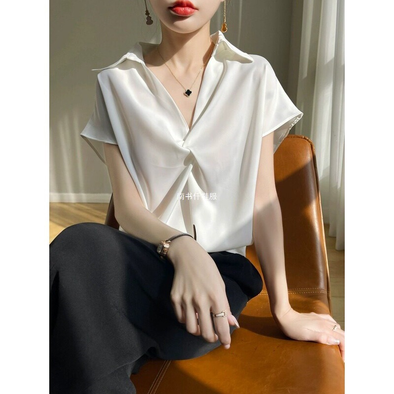 French-Style Niche V-Neck Short-Sleeve Shirt Versatile for Commuting and Professional Wear, Acetate Satin Polo Collar Blouse with Flutter Sleeves for Women French-Style Niche V-Neck Short-Sleeve Shirt Versatile for Commuting and Professional Wear, Acetate Satin Polo Collar Blouse with Flutter Sleeves for Women