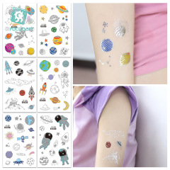 新款防水跨境燙銀兒童紋身貼派對動物卡通紋身貼紙tattoo太空