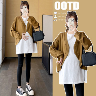 Maternity 2024 Autumn New Casual Elegant Loose plus size Fake Two-piece Long Sleeve Sweater for Spring