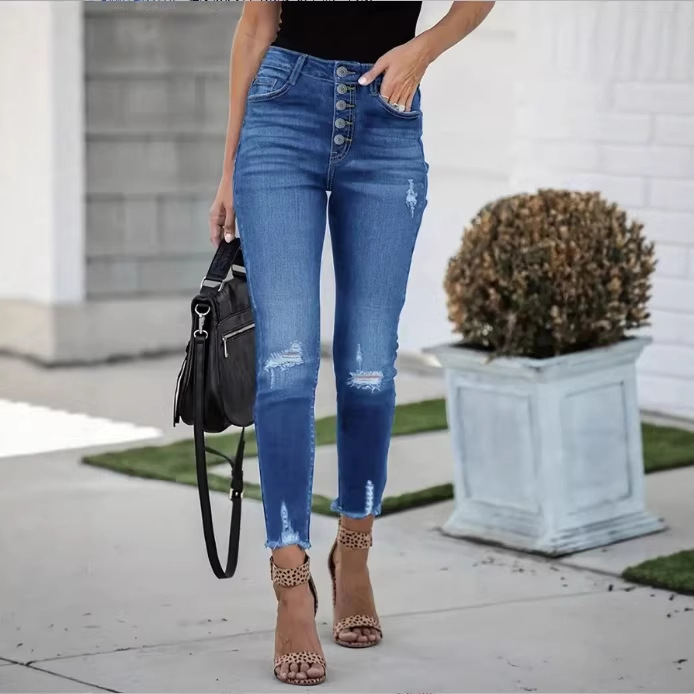 Fr870590 Cross-Border European and American 2026 Spring New High-Waisted Retro Buttoned Fringed Women's Ripped Jeans Fr870590 Cross-Border European and American 2026 Spring New High-Waisted Retro Buttoned Fringed Women's Ripped Jeans
