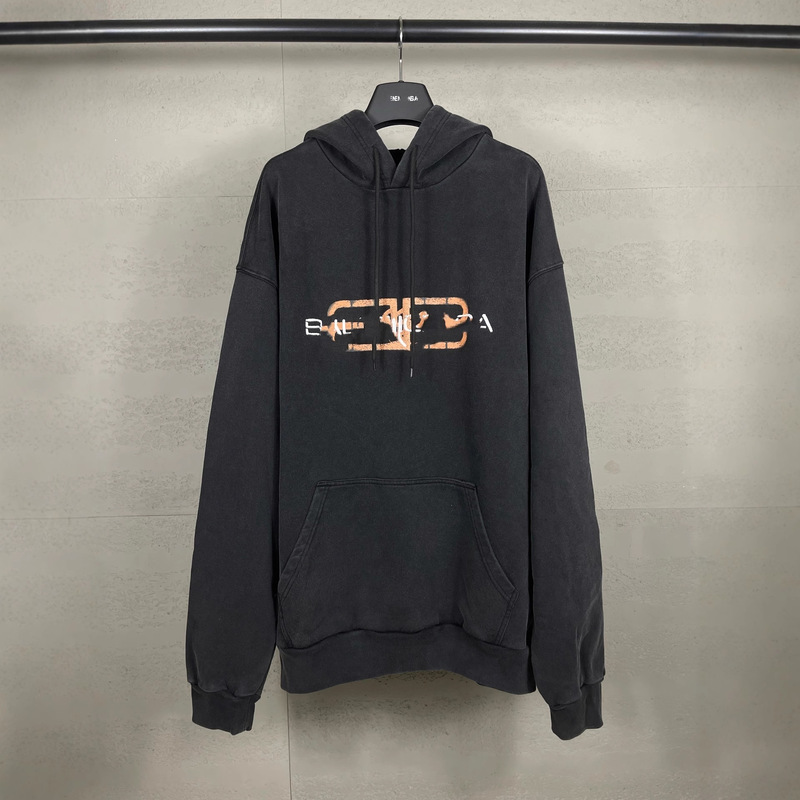 2025 New Autumn and Winter Original Standard Paris B Two-Color Blurred Print Washed and Distressed Hooded Sweatshirt Jacket