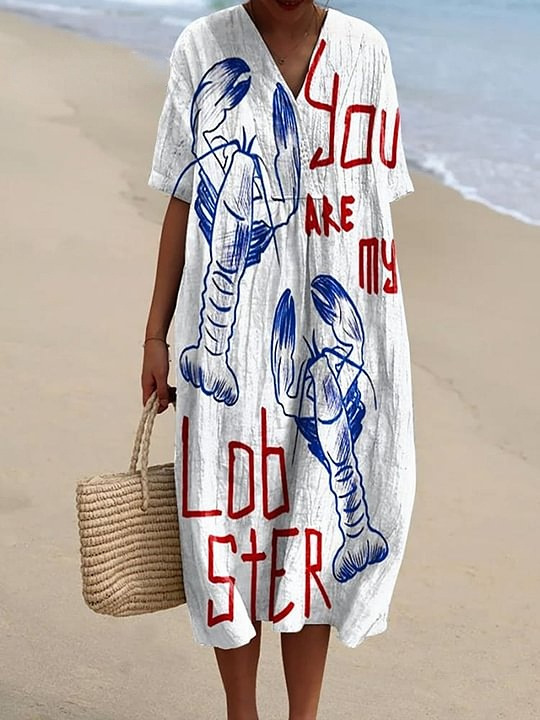 Plus Size Women's Shirt Pocket Short Sleeve Dress Marine Element Fish Resort Style Dress_ecoleips.com