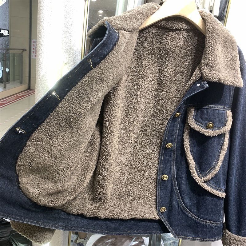 欧货牛仔外套女加绒羊羔绒服2025秋冬港风拼接夹克短款上衣潮|undefined