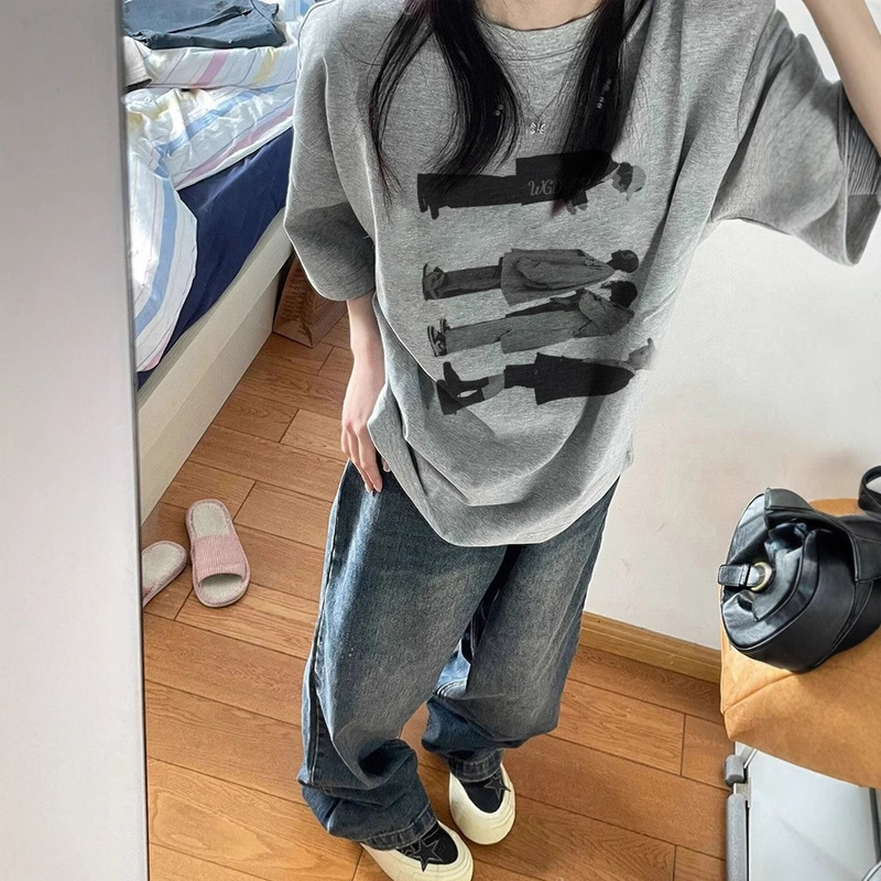 2025 Grey plus size T-Shirt Women's Scrap Chai American Style Retro Figure Printed Heavy Cotton Short Sleeve Spring and Summer New Arrival