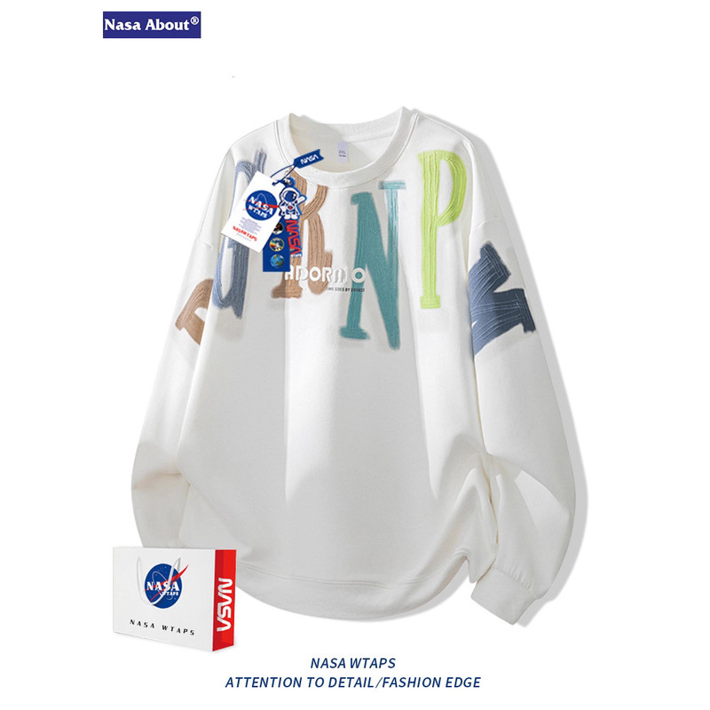 Nasa about American Trendy Brand Letter Printed Round Neck Sweatshirt for Boys New Autum Loose and Versatile Clothes