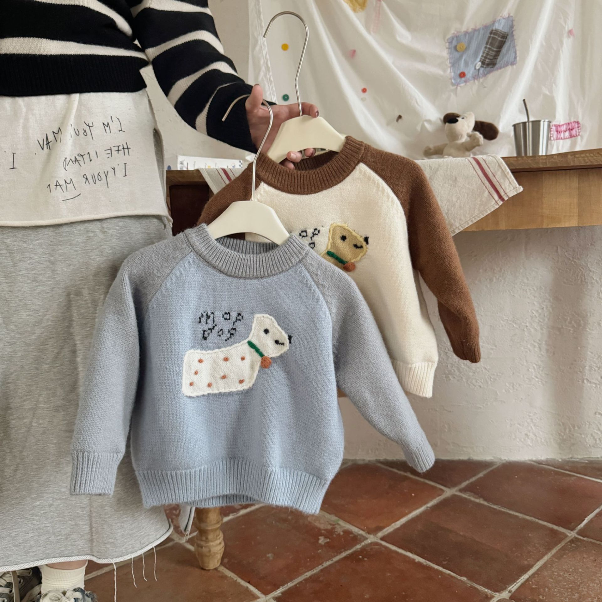 2025新款儿童毛衣秋冬季男女童卡通小狗单层加绒针织衫宝宝套头衫