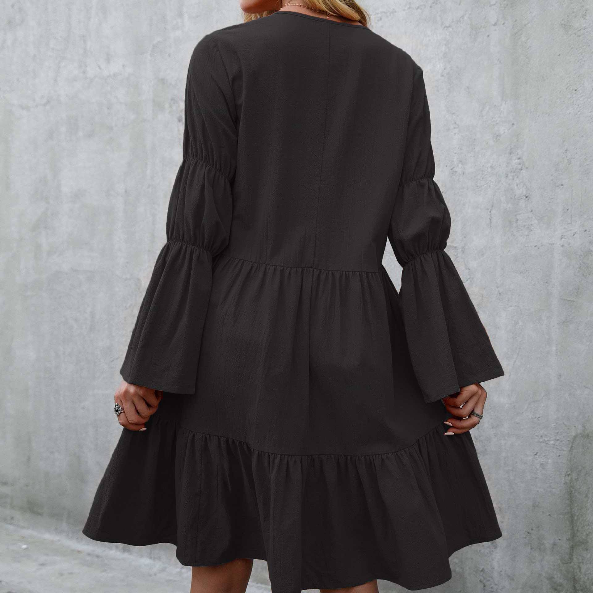 Fashion Solid Color V Neck Long Sleeve Ruffles Cotton Dresses Above Knee A-line Skirt display picture 18