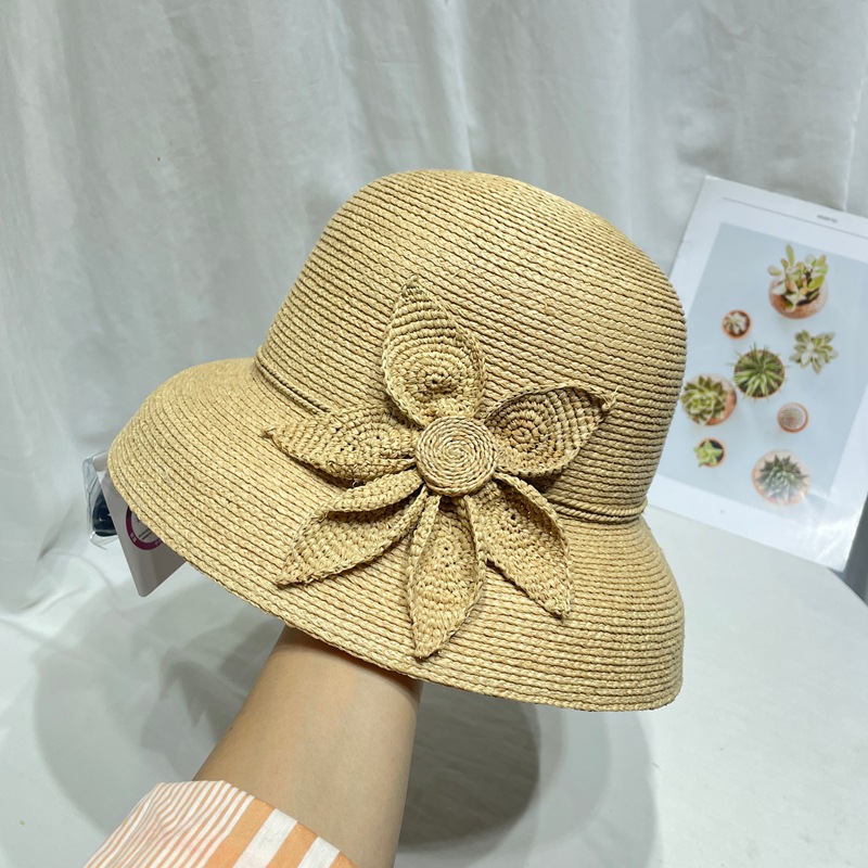 Hepburn Style Floral Raffia Straw Bucket Hat For Summer Beach_voghion.com