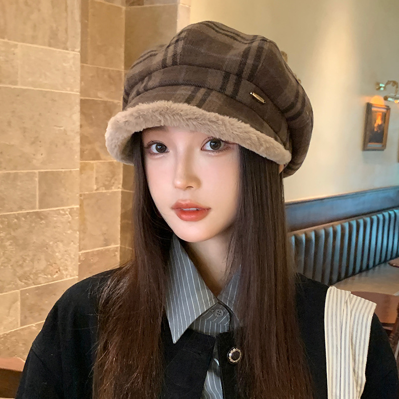 英伦风复古格子八角帽秋冬季帽子女款加绒保暖贝雷帽高级感画家帽|undefined