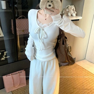 韩系绑带蕾丝花边款V领长袖内搭秋冬设计感T恤长袖螺纹德绒上衣女