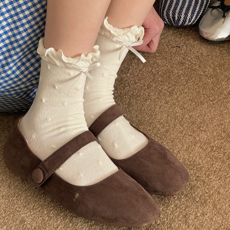 IOULOR New Cute Wood-ear Mid-tube Socks Spring and Summer Bow Wave Dot Cotton Socks Sweat Absorbing Breathable Boneless Socks for Women