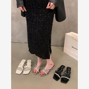 Hong Kong Wedge Sandals Women's Shoes 2025 New Summer French Outwear Skirt Mid-high Heel Rhinestone Sandals