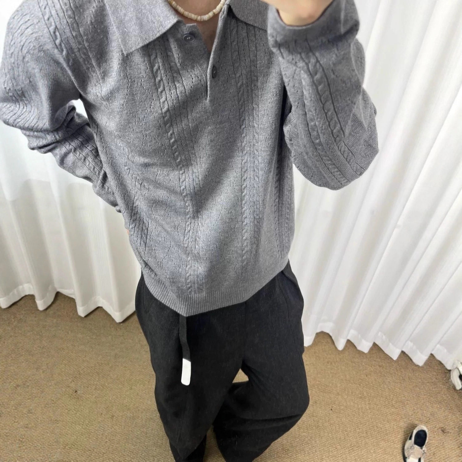 Camiseta de polo retro jacquard gris de punto de trigo hombre otoño viejo estilo de dinero con camiseta de manga larga de marca de moda