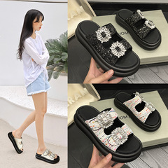 歐美2023夏水鑽方扣涼拖鞋平底一字外穿孕婦氣質軟底女鞋涼鞋