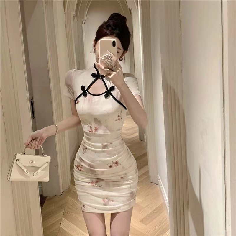 中式气质主播改良式旗袍裙法式收腰显瘦包臀短款显身材连衣裙