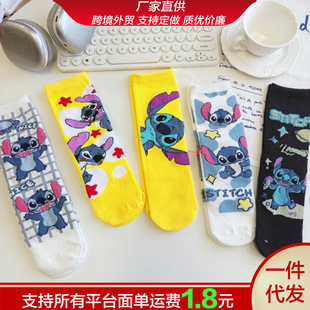 Summer Korean Style New Ins Spring and Summer Mid-Calf Student Cartoon Stitch Socks New Women's Socks Cute Mid-Calf Socks