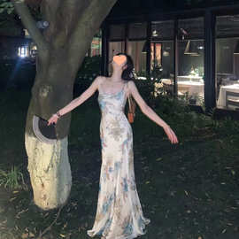 45度斜裁新款原料青玉花漫国风新中式吊带大花连衣裙夏季中长裙女