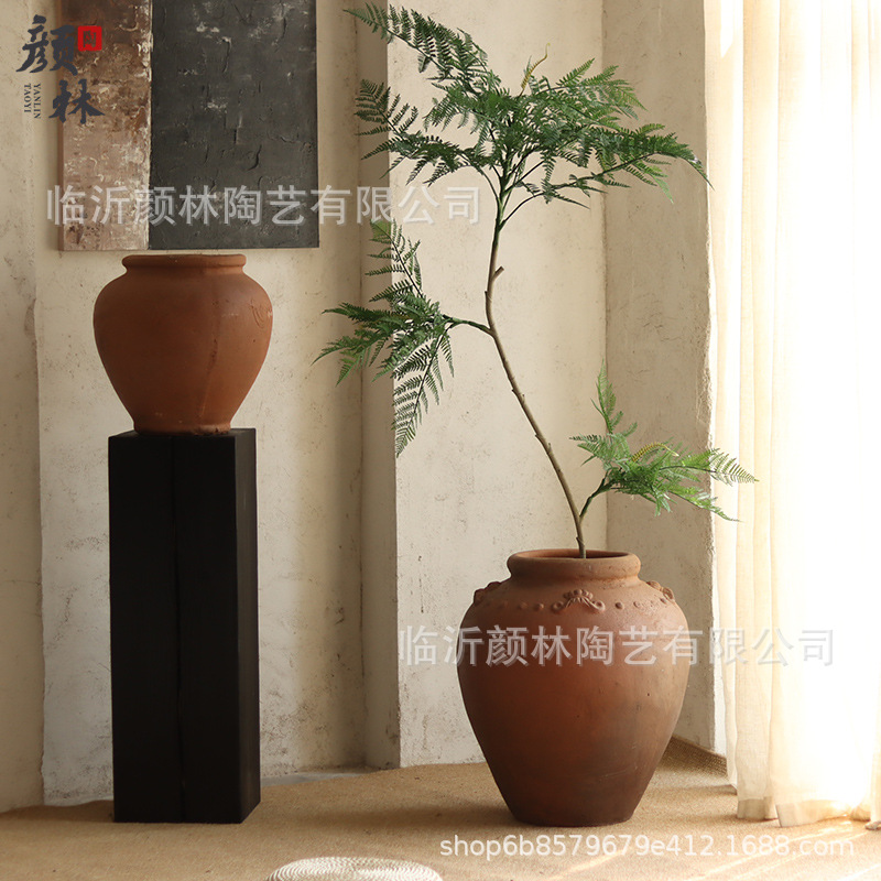 Gran barriga altar de cerámica, cerámica retro de tierra, cerámica gruesa hecha a mano, gran jarro, adornos residenciales, cerámica de viento silencioso.