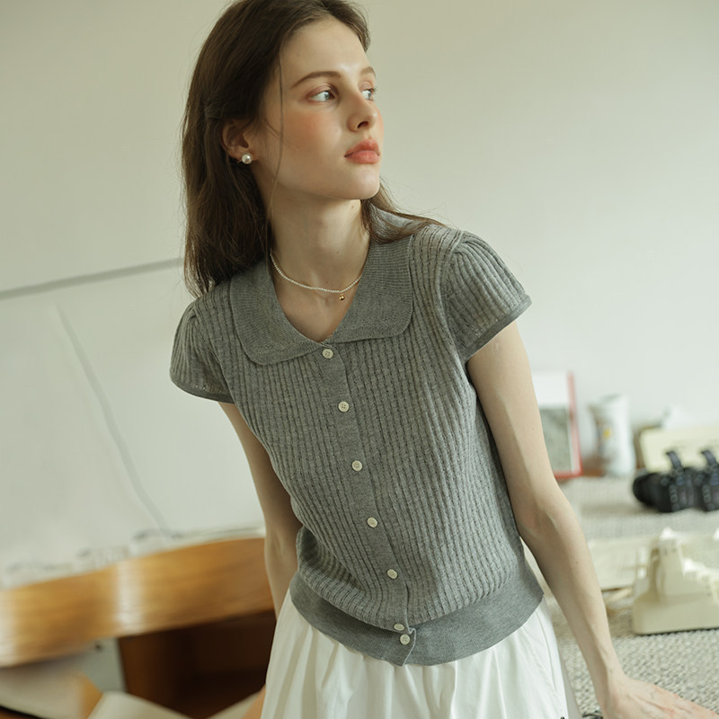 Short-Sleeve Knit Top with Small Flying Sleeves and Turn-Down Collar, Ice Silk, New Summer Style for Women, Regular Shoulder Fit, Doll Collar, Thin Cardigan for Petite Figures
