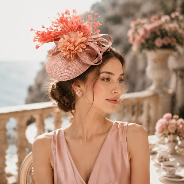 New European and American Exaggerated Top Hat with Red Flowers and Feathers, Fashionable Bridal Hair Accessory for Runway Shows and Horse Racing Events