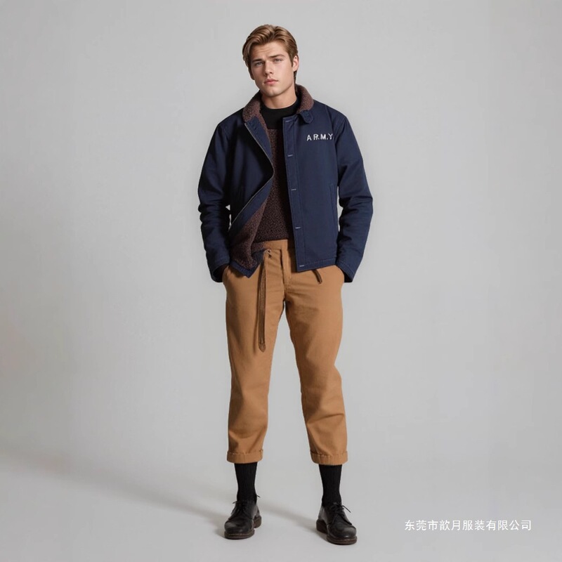 Lamb Wool Jacket Men's Winter Thickened Cotton-Padded Jacket Plus Velvet Cotton-Padded Retro Jacket Navy Deck Suit Dark Blue