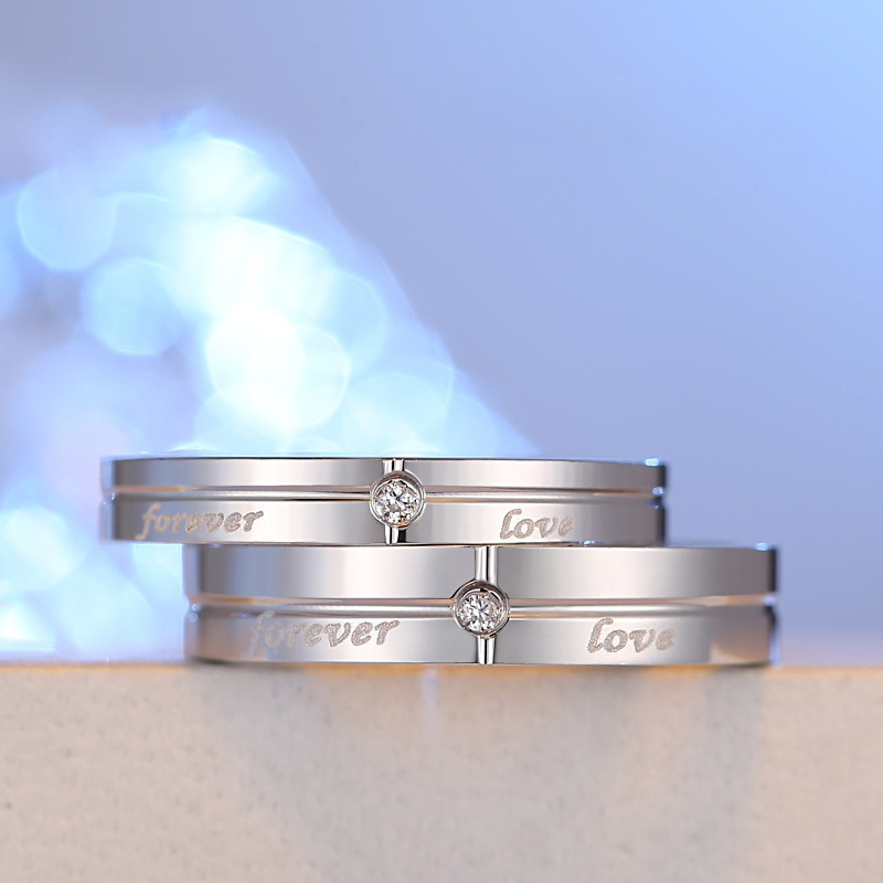Bagues de couple Forever Pair avec diamants incrustés, lettre anglaise ouverte, style simple et élégant, symbole d'amour éternel_voghion.com