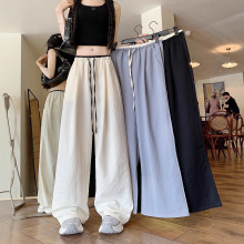天猫抖音质量撞色冰丝阔腿裤女夏季薄款肌理感直筒休闲裤一件代发