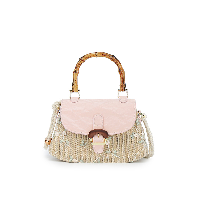 Bolso de hombro para mujer, estilo pastoral, bolso de mano con mango de bambú tejido de paja, bolso de mensajero de playa de bosque fresco y dulce