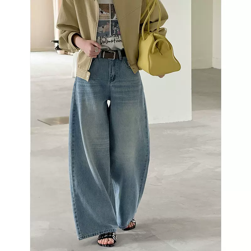 橘芷春季新款复古美式牛仔裤女梨形身材宽松高腰显瘦直筒裤6050