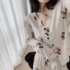 2025新款冰丝螺纹睡衣女春秋季长袖卡通米奇开衫少女休闲风家居服
