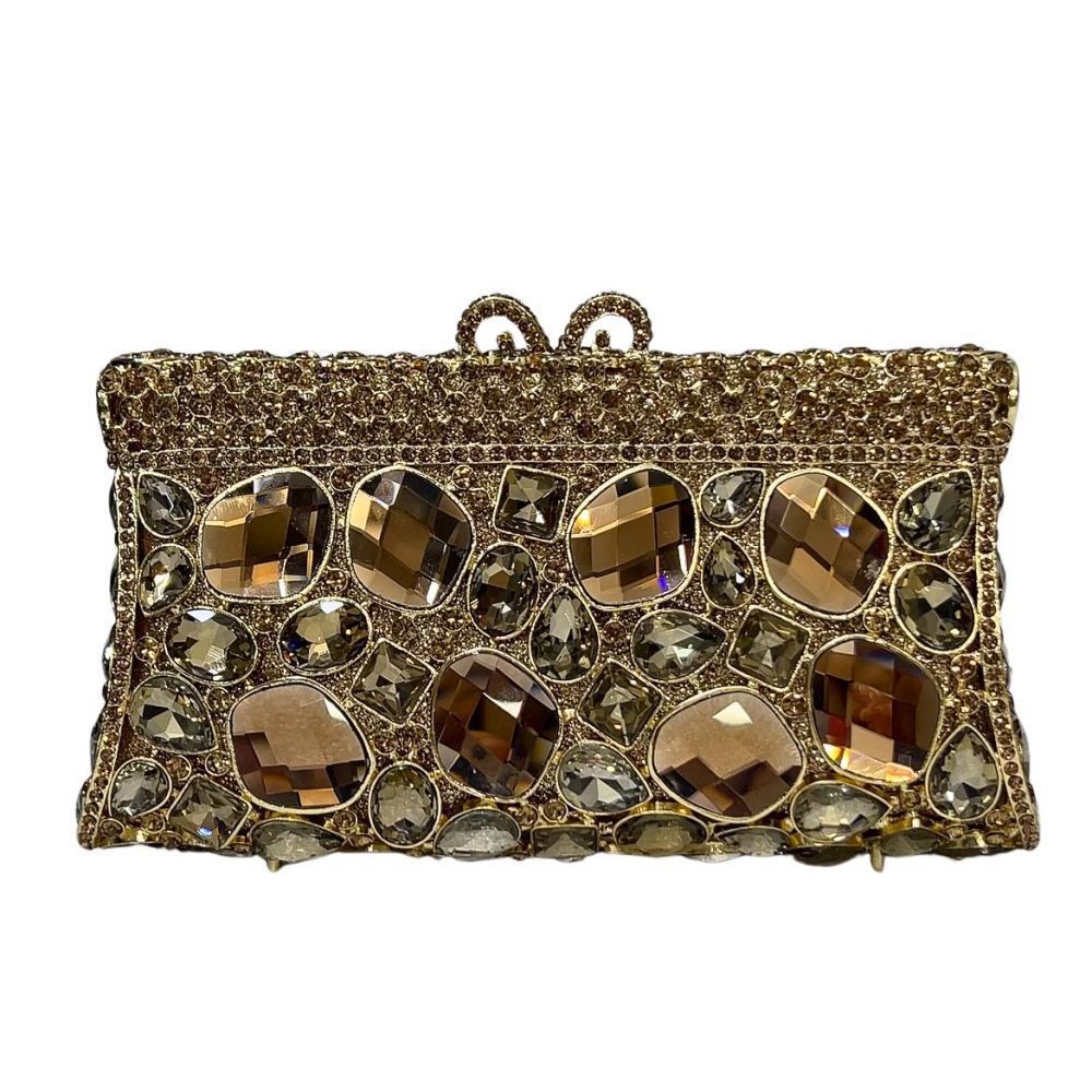Nuevo paquete de cena de diamantes de vidrio, metal de hazel, bolso de mano de diamantes, embrague de piedra de renas